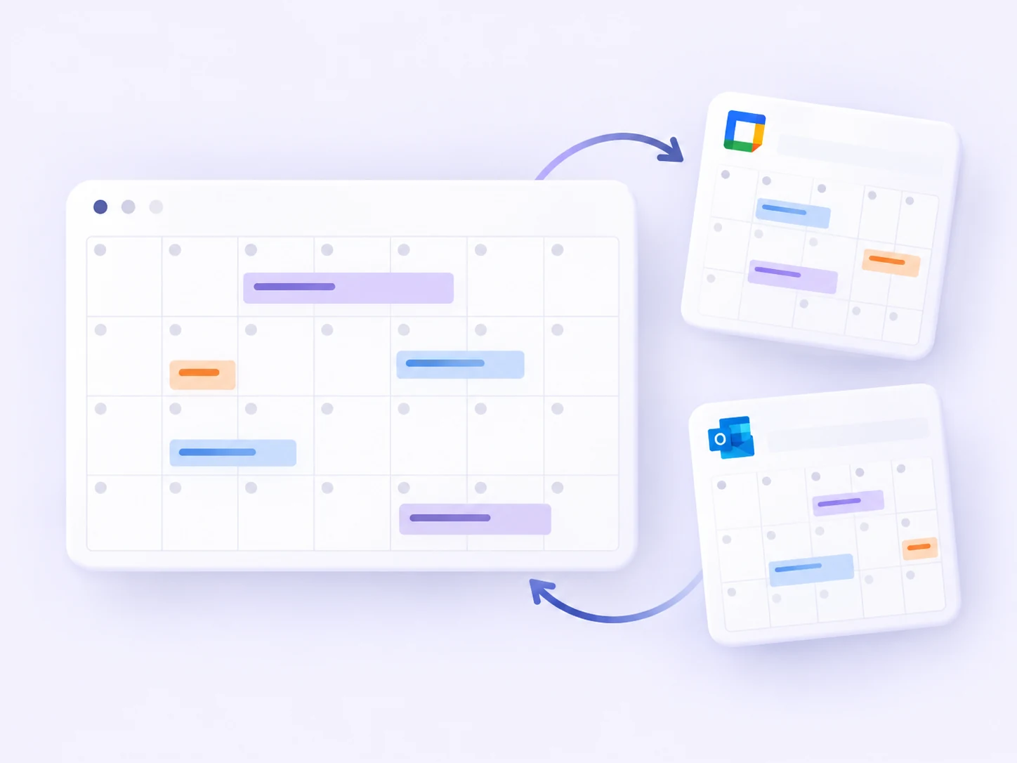 Training events connected across a main calendar and two external calendar cards
