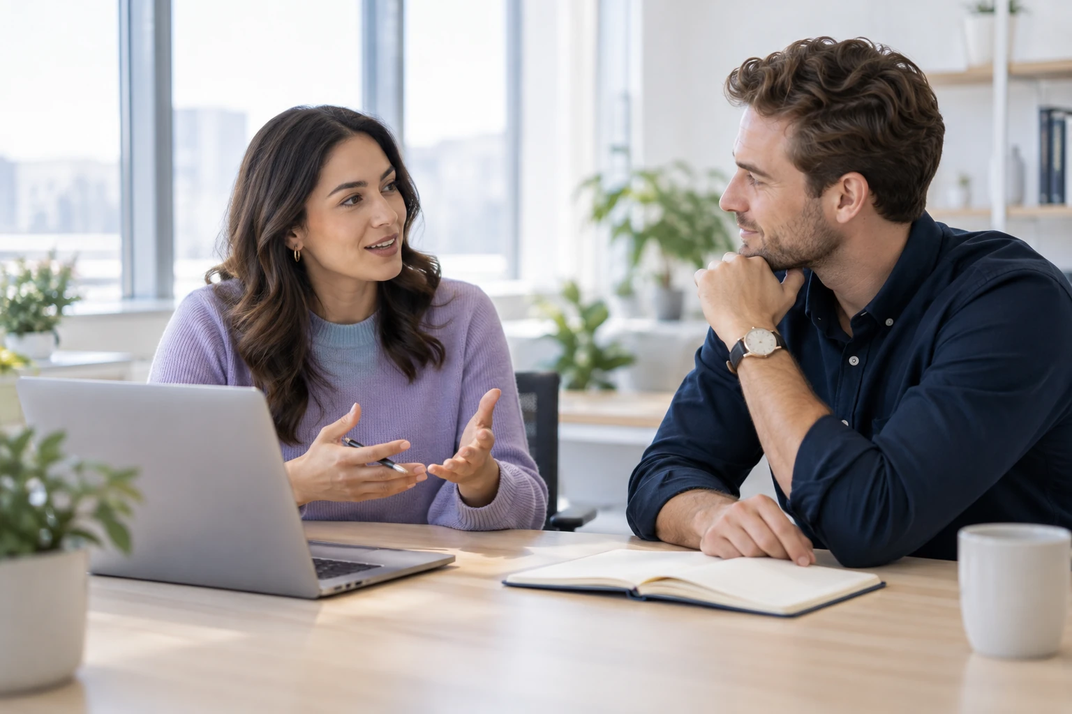 A manager and colleague sharing a supportive coaching conversation