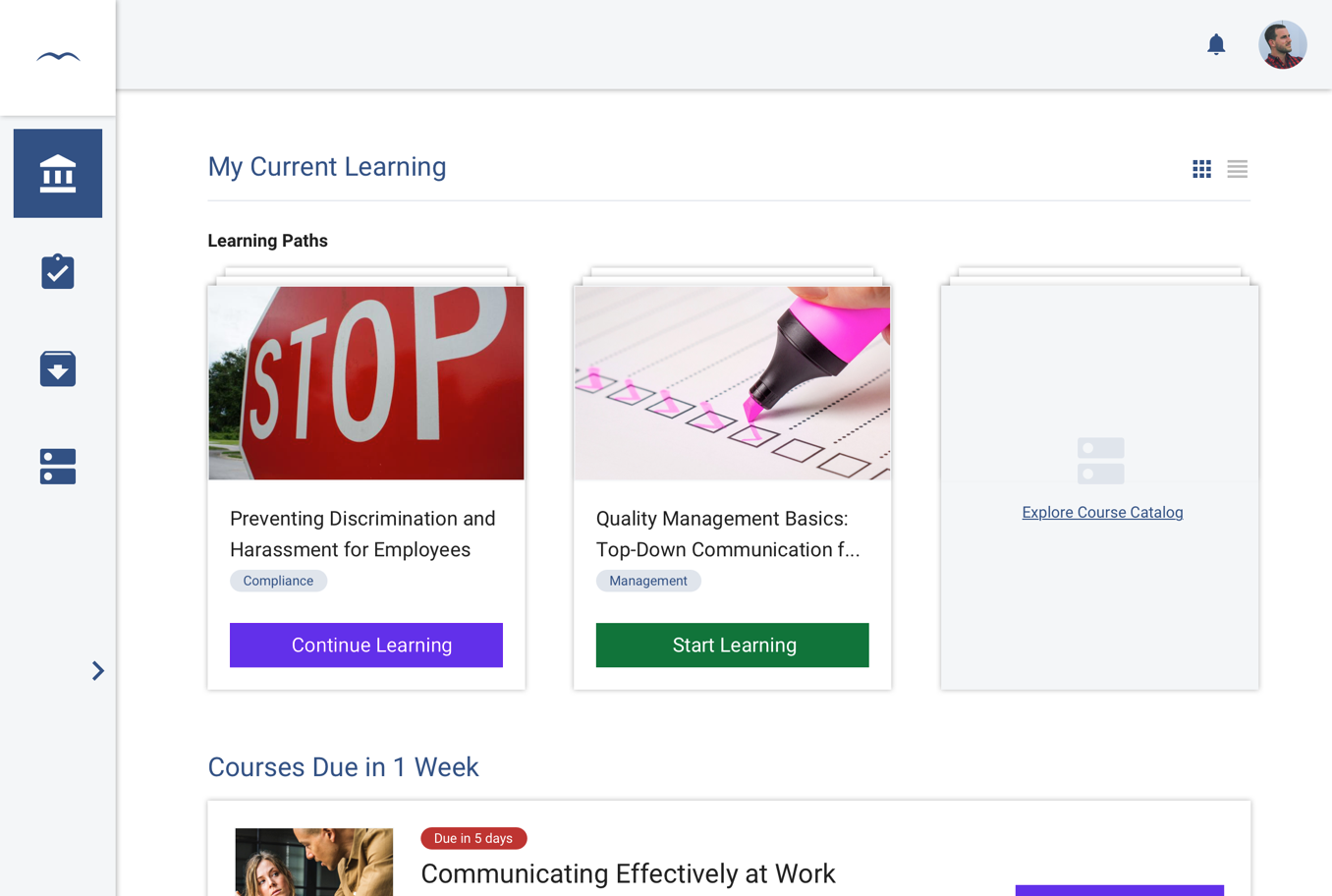 SkyPrep LMS learner dashboard showing learning paths, courses, and upcoming training