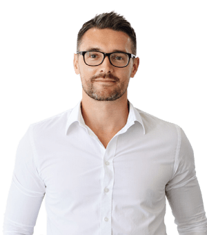SkyPrep client headshot male with white dress shirt and glasses
