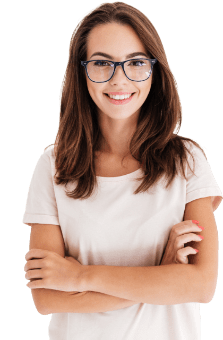 SkyPrep client headshot female with white shirt and glasses