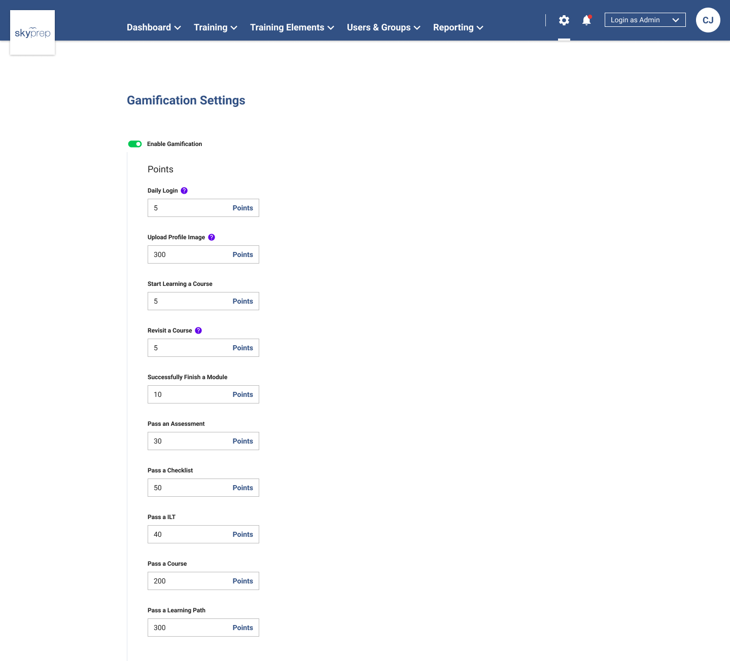 SkyPrep Gamification Settings